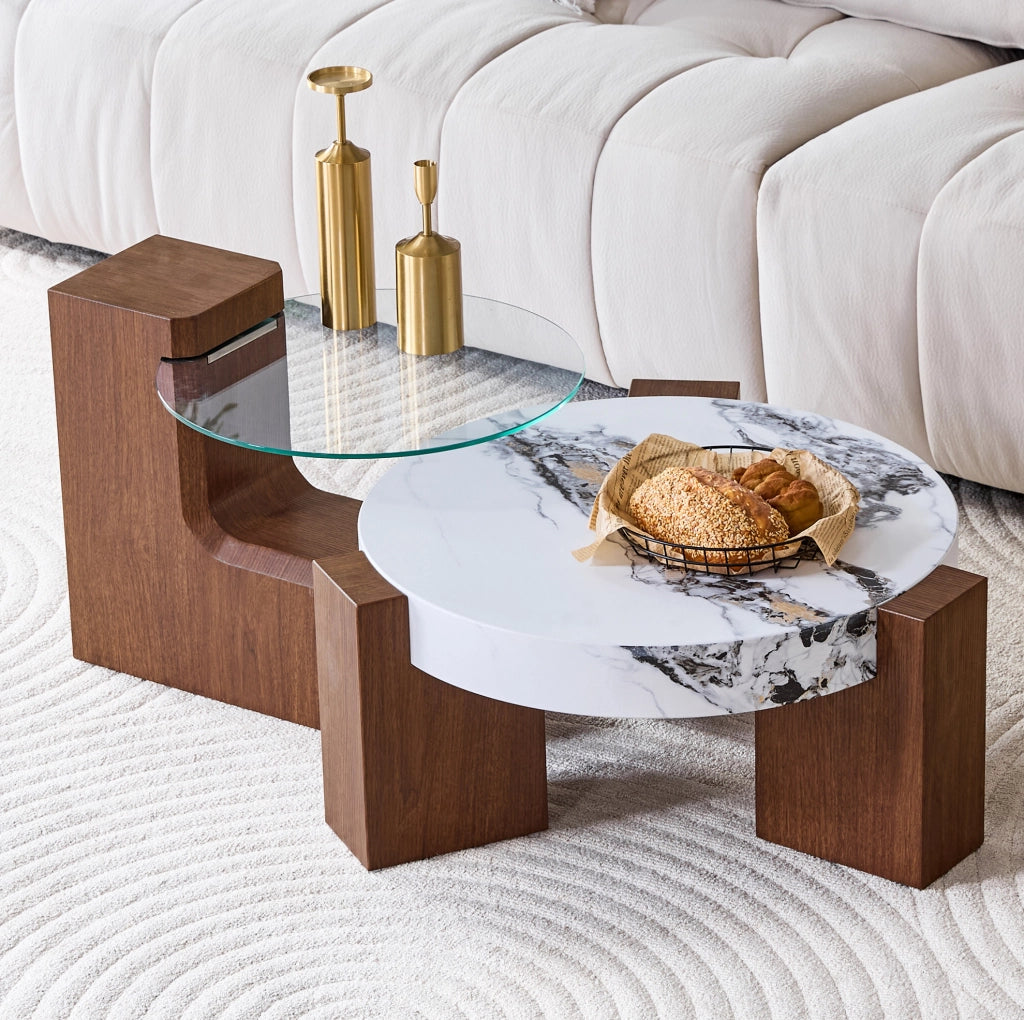 Set di tavolini da salotto rotondi 2 pezzi in MDF effetto noce; vetro trasparente; bianco marmo; 61 cm