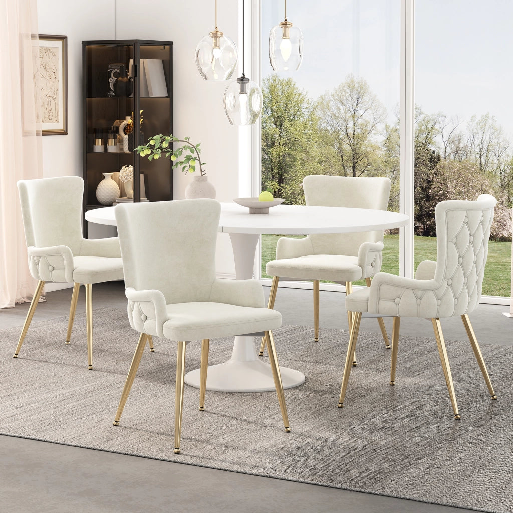 Set 2 sedie da pranzo in velluto beige e oro, sedie moderne con gambe in metallo
