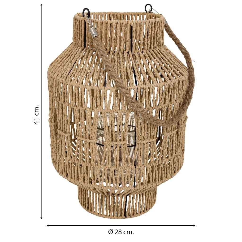 Lanterna portacandele in metallo e corda in carta marrone d28x41h