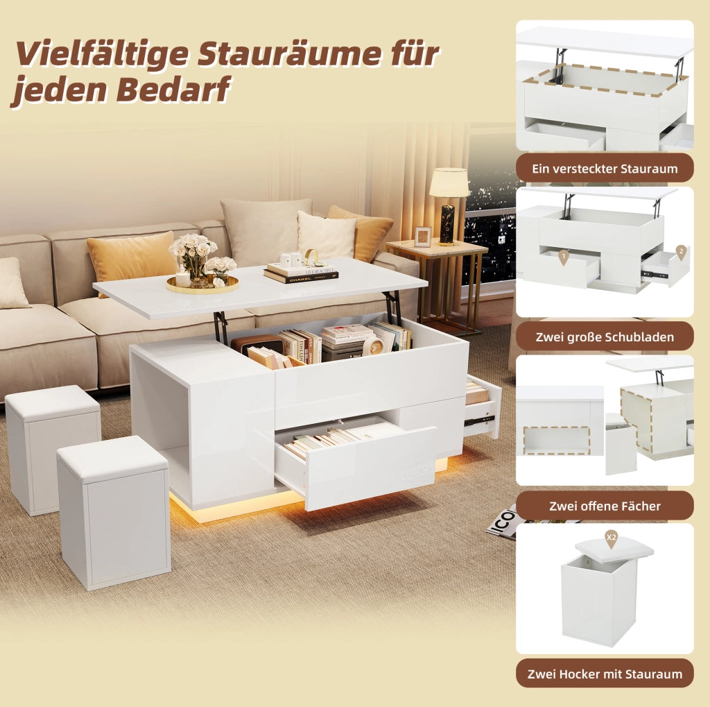 Tavolino da salotto sollevabile 100x50x45 cm in truciolare bianco con LED; 2 cassetti e 2 sgabelli