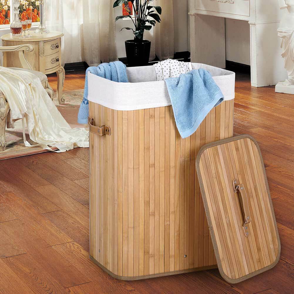 Cesto Biancheria Sporca Pieghevole in Bambu e Tessuto Portabiancheria con Manici