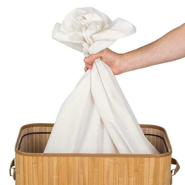 Cesto Biancheria Sporca Pieghevole in Bambu e Tessuto Portabiancheria con Manici