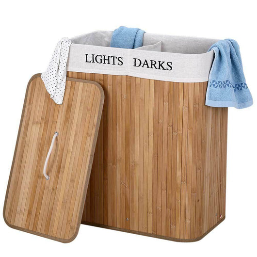 Cesto Biancheria Sporca 2 Scomparti Portabiancheria Pieghevole in Bambu Tessuto