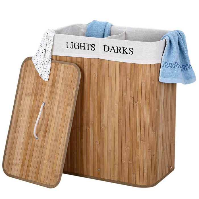 Cesto Biancheria Sporca 2 Scomparti Portabiancheria Pieghevole in Bambu Tessuto