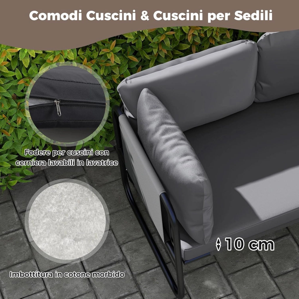 Divano da Esterno a 2 Posti, Divano con Cuscini Rimovibili, Bracciolo Laterale, Struttura in Metallo Robusta, Lettino Prendisole per Giardino Balcone, Portata 300 kg