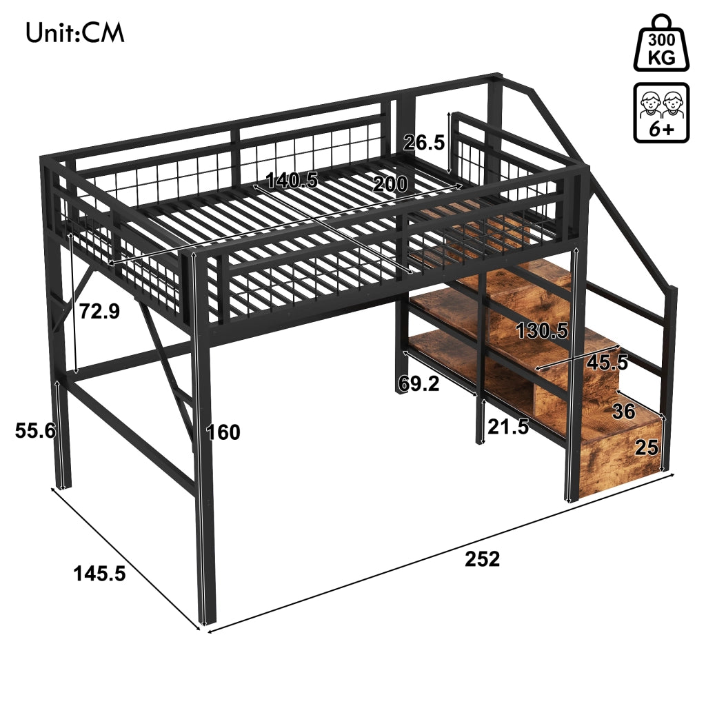LETTO A CASTELLO 140 x 200 cm in metallo nero con LED e scale contenitore
