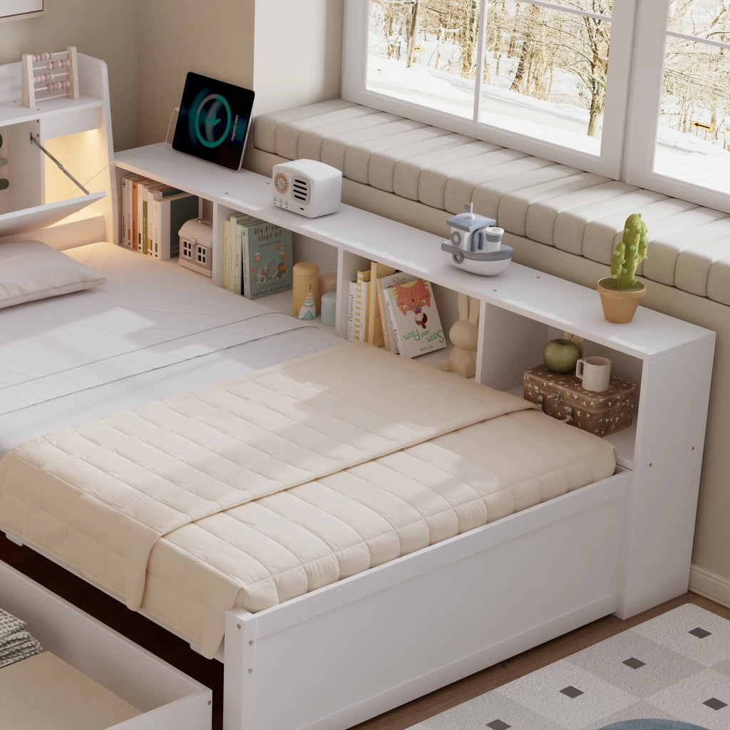 OKWISH Letto Singolo 90×200 cm con Contenitore, Presa di Ricarica, 2 Luci e Cassetti, senza Materasso, in Legno e MDF, Bianco