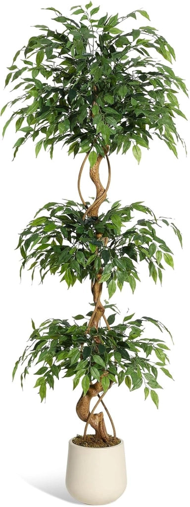 Ficus Lyrata Artificiale 180 cm con Tronco Curvo Foglie in Seta e Vaso Bianco