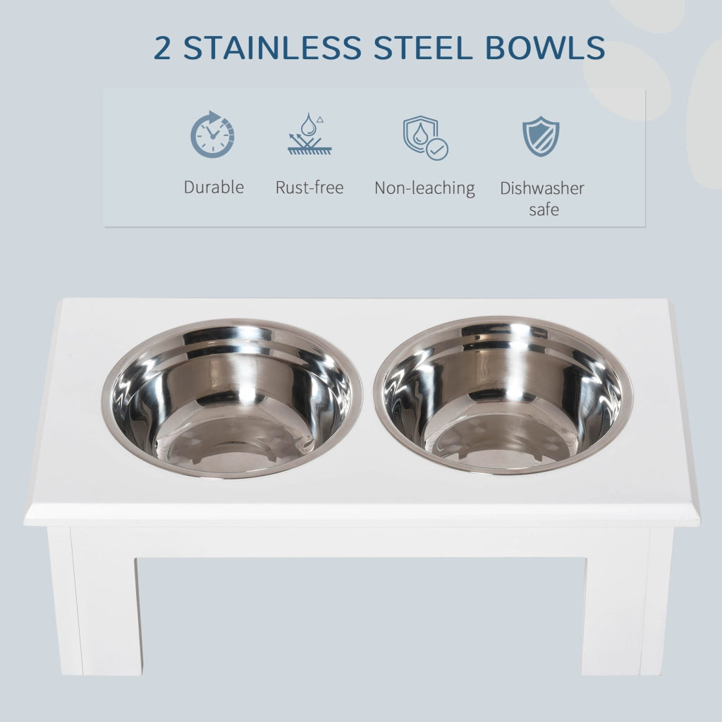 Scaffale con due ciotole rialzate in MDF e acciaio inox bianco per acqua e cibo per cani 58,4 × 30,5 × 25,4 cm