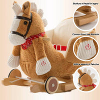 Cavallo a dondolo in legno con ruote Poni Cavalluccio Poltroncina Marrone Chiaro