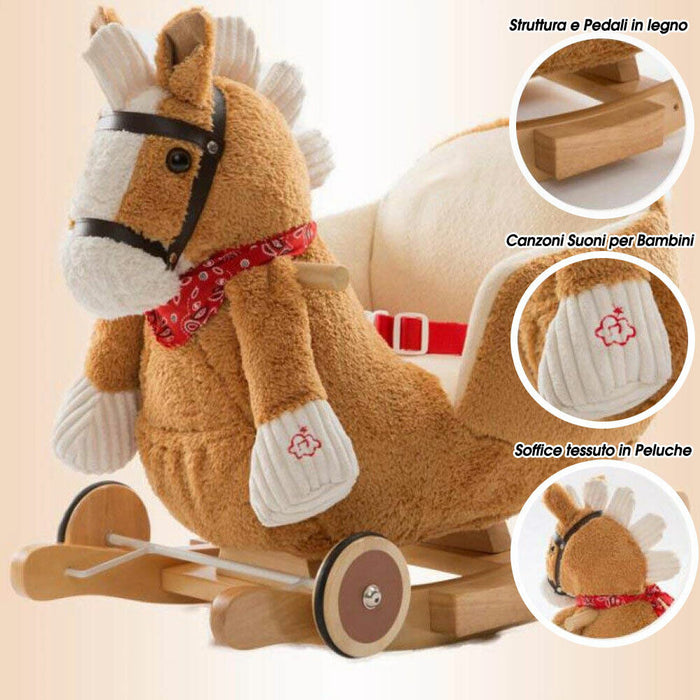 Cavallo a dondolo in legno con ruote Poni Cavalluccio Poltroncina Marrone Chiaro