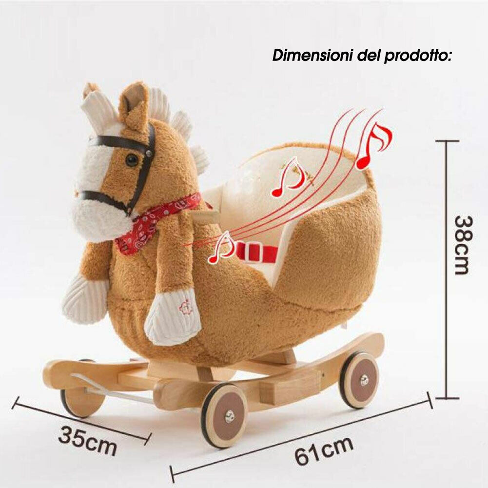 Cavallo a dondolo in legno con ruote Poni Cavalluccio Poltroncina Marrone Chiaro