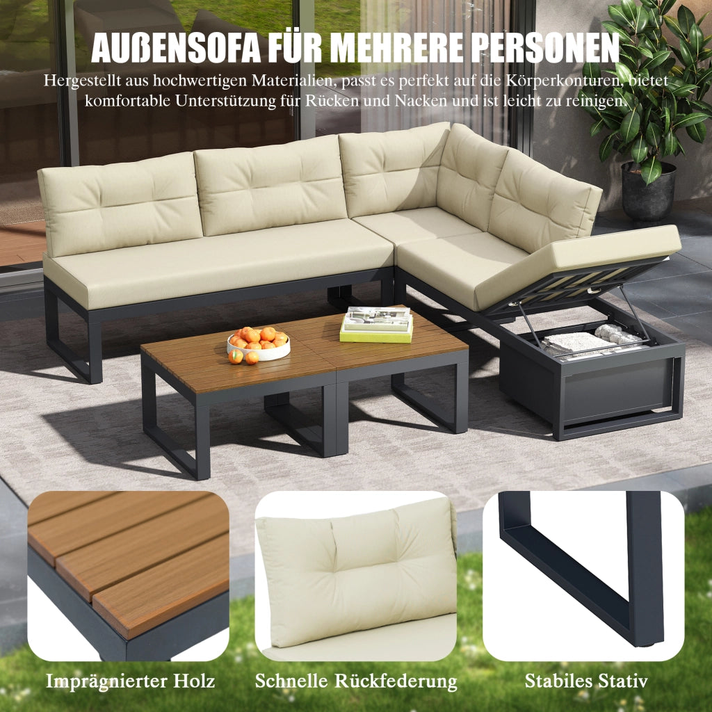 Divano Modulare da Giardino con Tavolino e Vano Contenitore; Poliestere; Beige