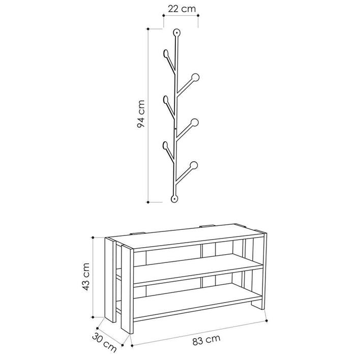 Ingresso Scarpiera Portascarpe 3 Ripiani con Appendiabiti Parete Moderno Bianco