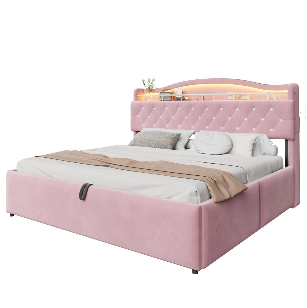 Letto imbottito 180x200 cm rosa in tessuto; contenitore idraulico e LED