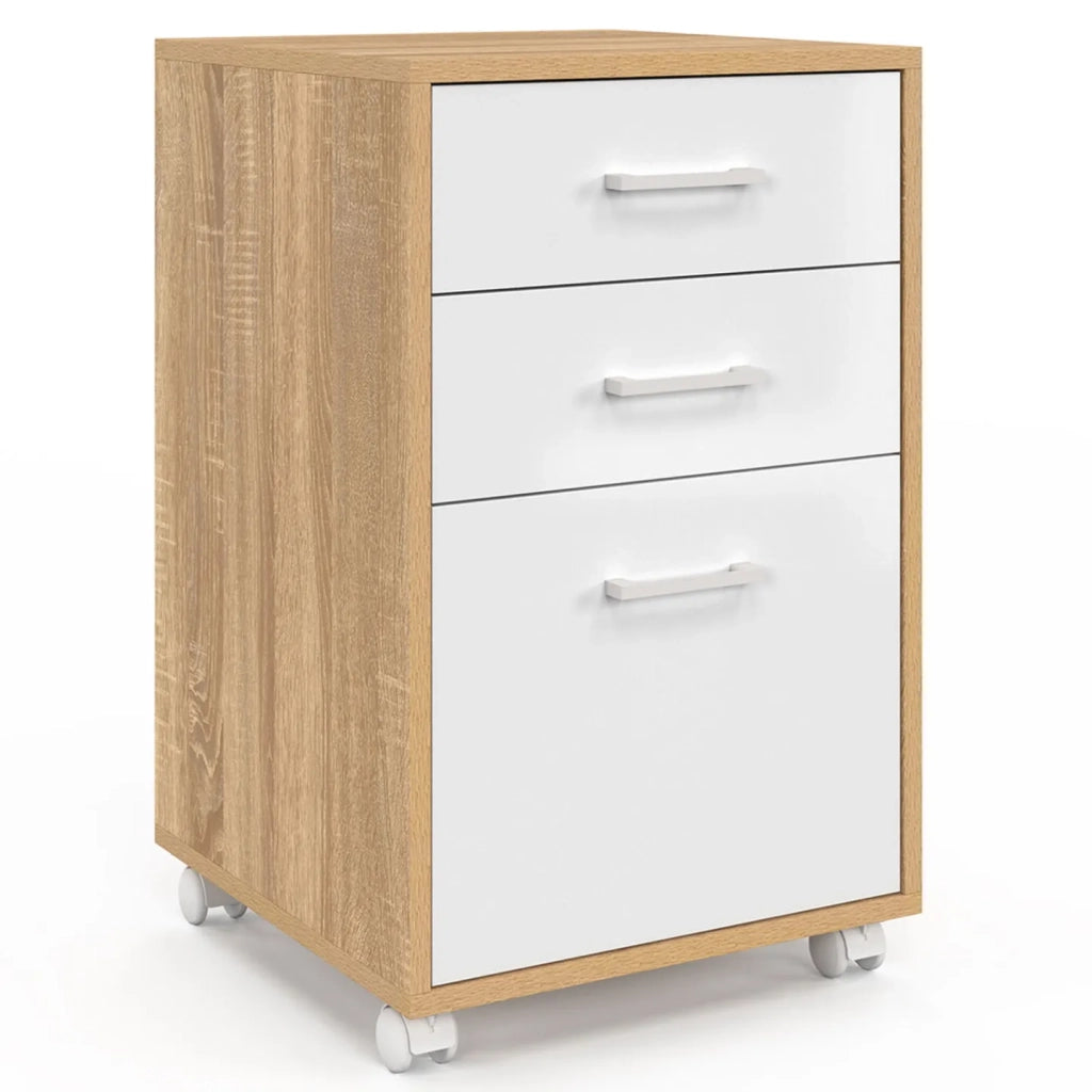 IDMarket - Piedistallo per scrivania JON con supporto per stampante a 3 cassetti, legno e bianco