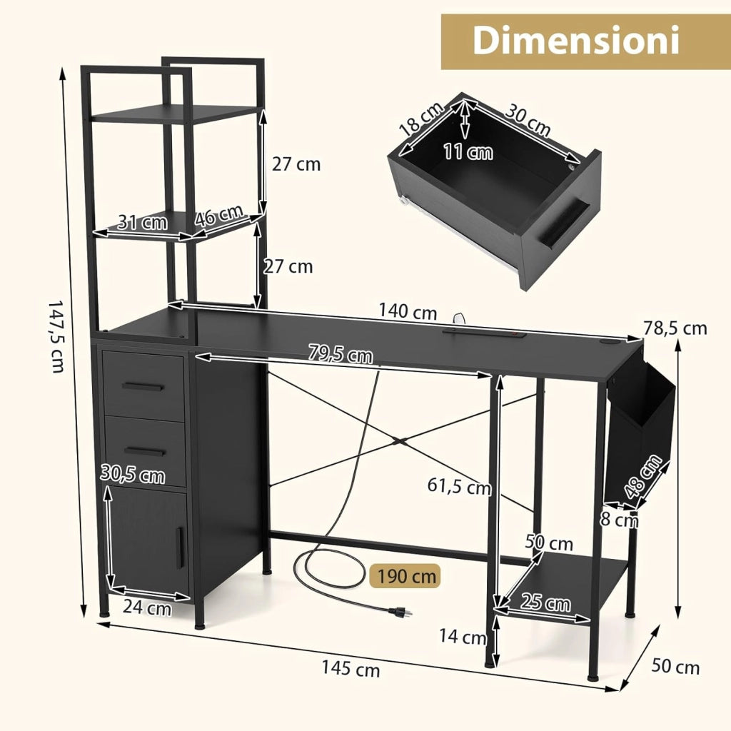 Scrivania con Libreria e Luci LED a Telecomando, Scrivania da Ufficio con Prese di Corrente, 2 Cassetti, 4 Ripiani e Anta, Scrivania per PC Salvaspazio con Tasca, 120 x 65 x 130 cm, Nero