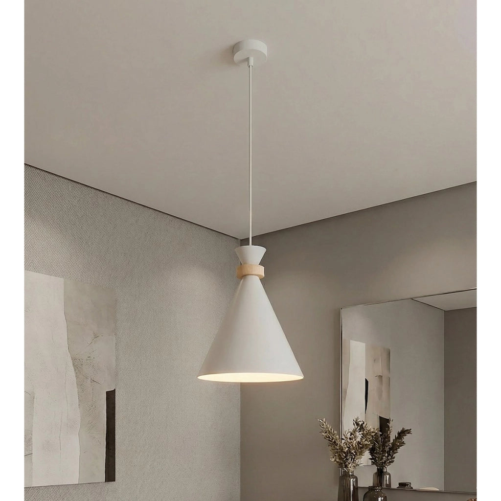 Lampada a sospensione Zero in acciaio bianco e legno