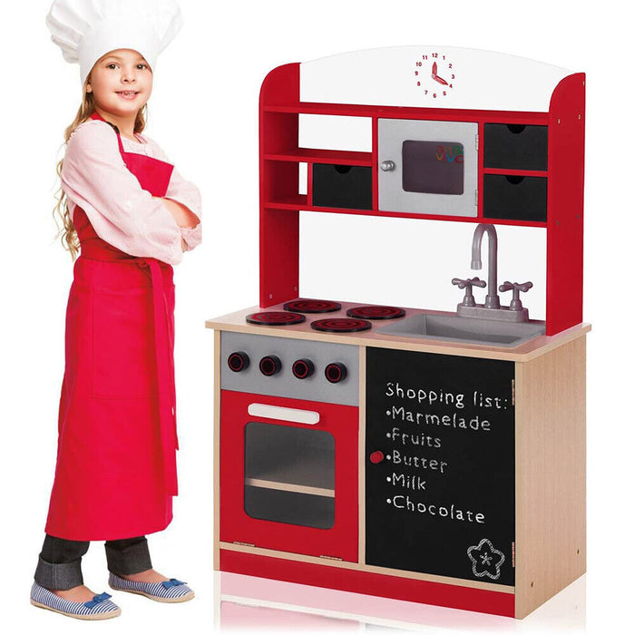 Cucina Legno Giocattolo per Bambini con Anta e Cassetti Lavagna 60x30x90cm Rosso