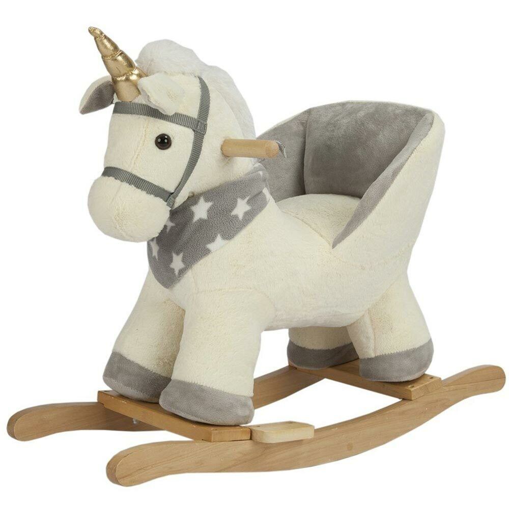 Unicorno Dondolo Cavalluccio Cavalcabile Peluche Bambini con Effetti Sonori Beig