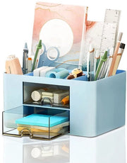 Organizzatore per scrivania con caricabatterie, penne e accessori, organizzatore per 7 contenitori, organizzatore per scrivania in plastica per ufficio, casa e scuola (blu)