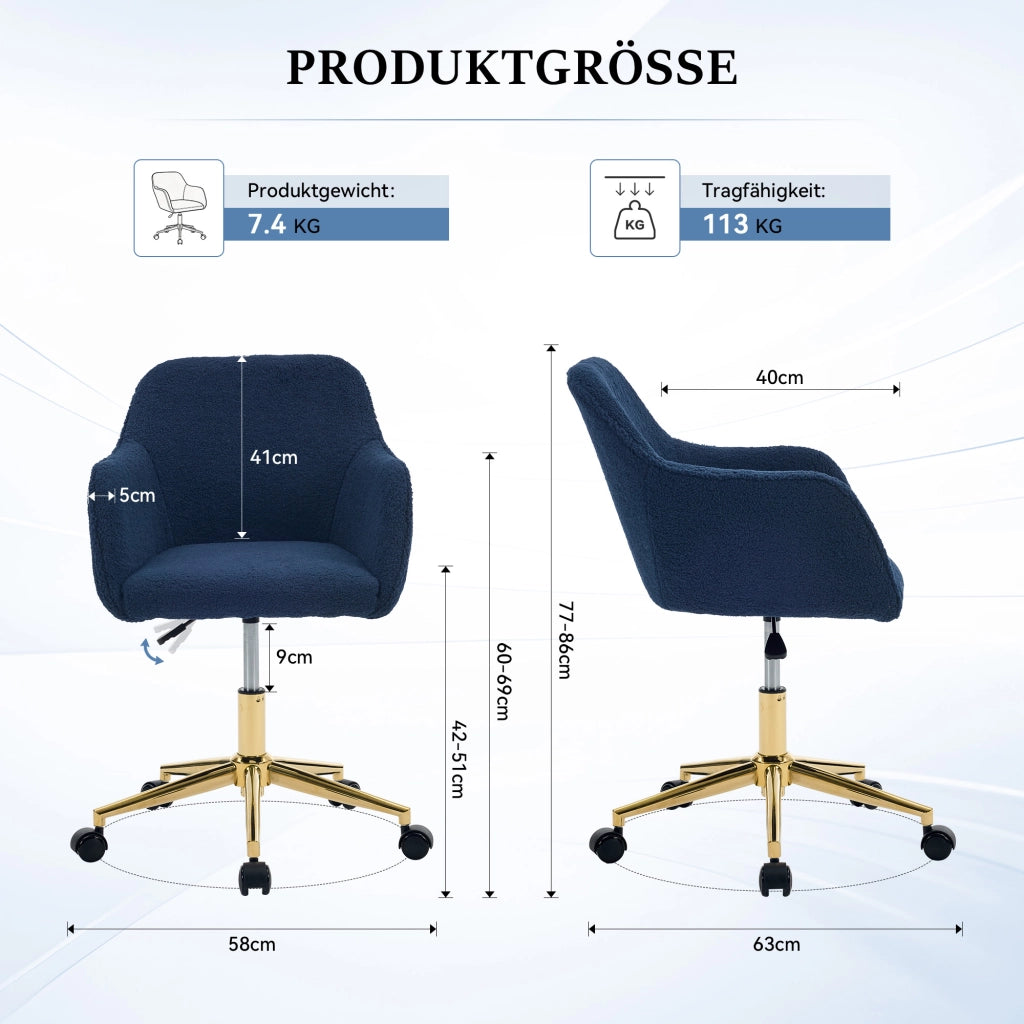 Sedia da ufficio girevole regolabile in altezza 360° con ruote in tessuto Teddy Blu scuro