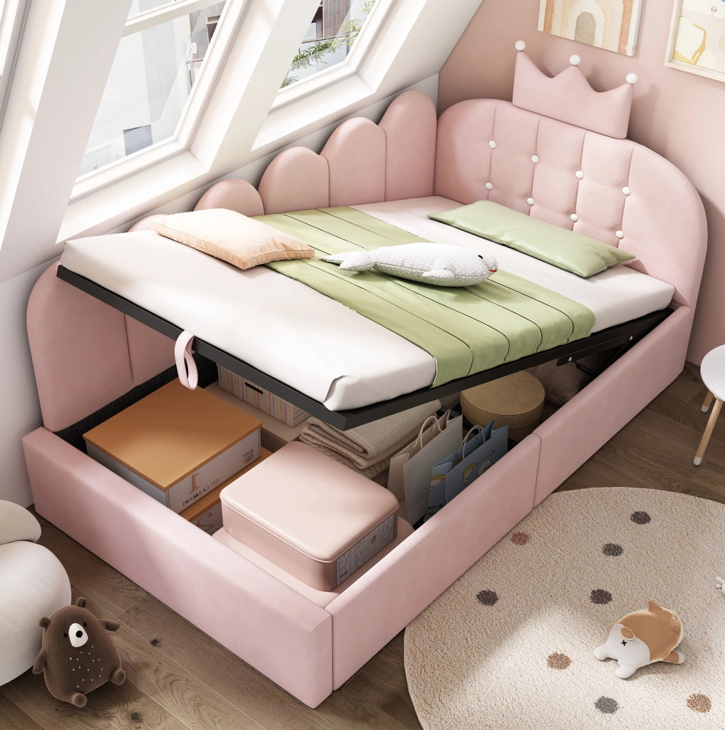 Letto da giorno imbottito 90x190 cm con contenitore idraulico rosa