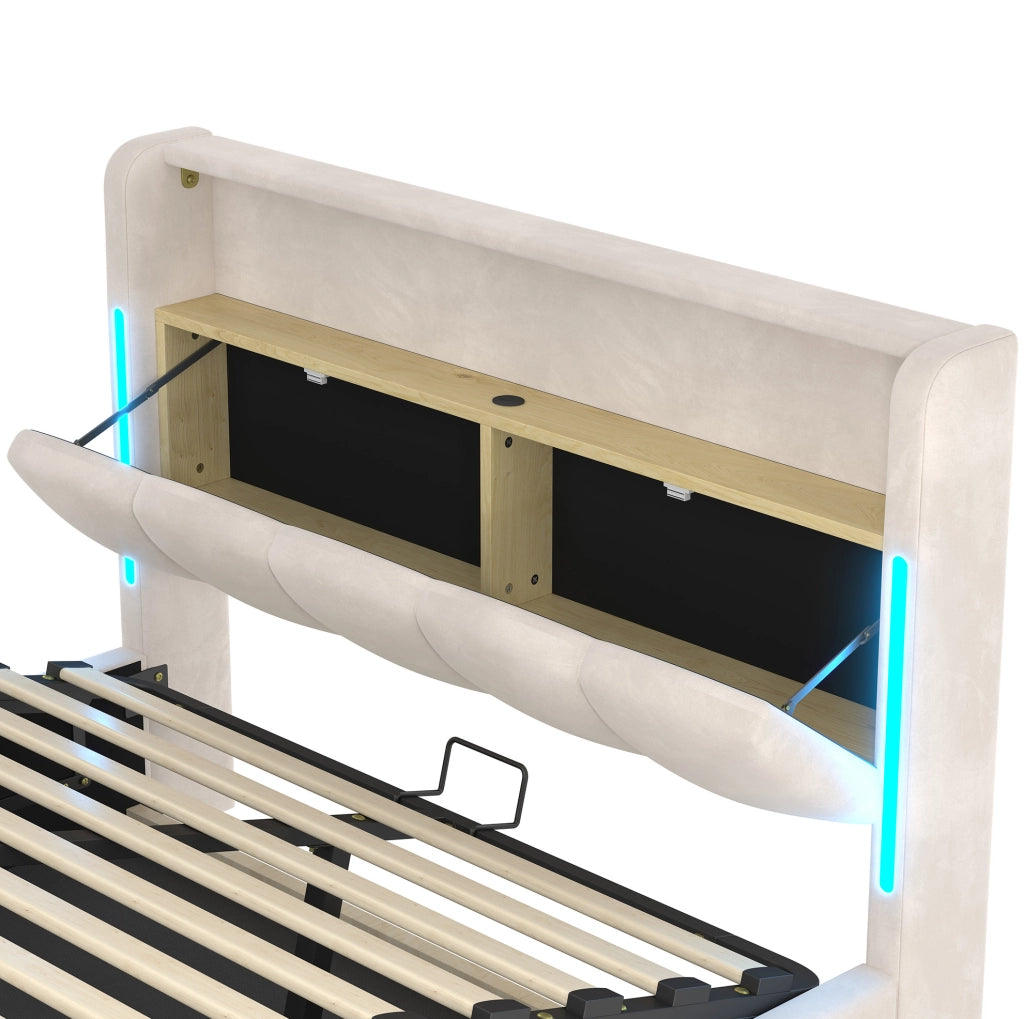 Letto imbottito 140 x 200 cm con contenitore idraulico; LED; USB e Type-C; velluto beige
