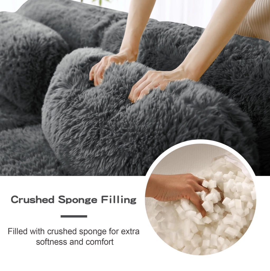 Divano modulare 3 posti Boneless Cloud in tessuto vellutato grigio con 3 pouf