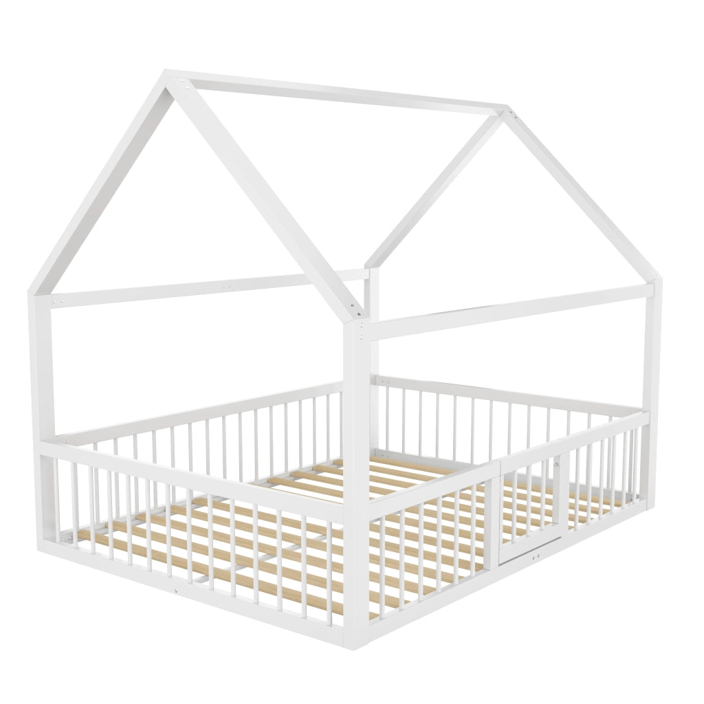 Letto a baldacchino in metallo bianco 140x200 cm con ringhiera per bambini