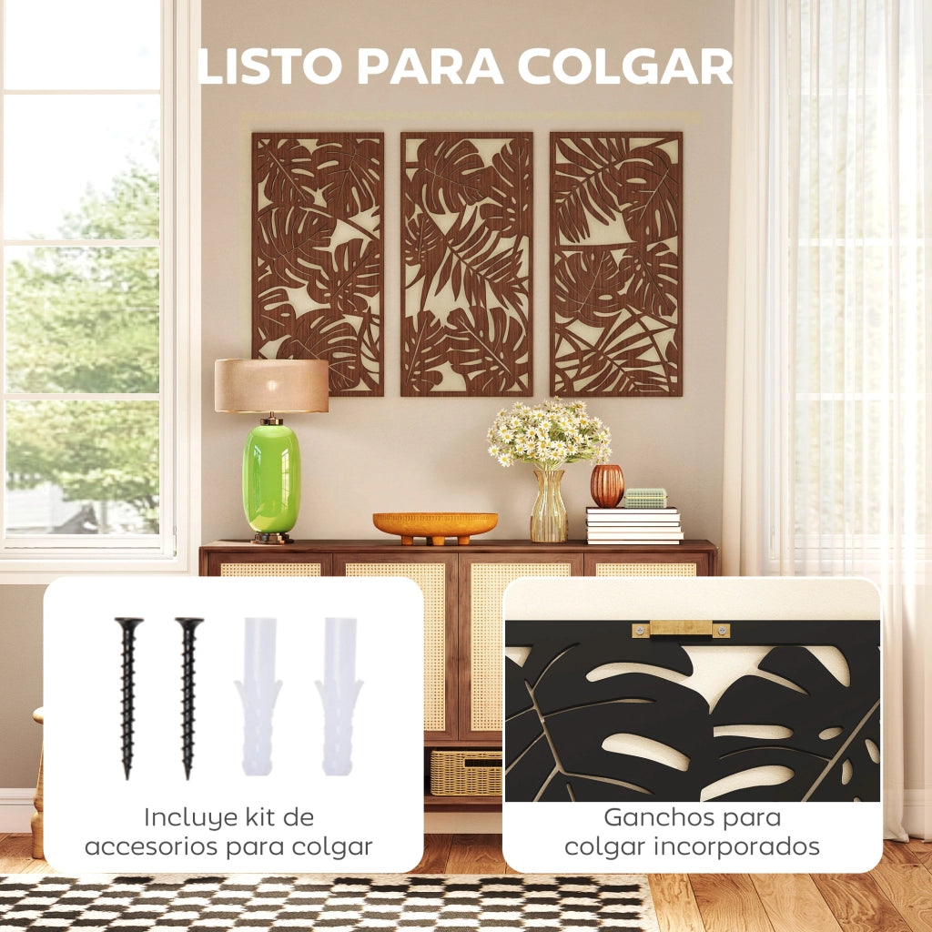 Quadro Legno 40x80 cm 3D Foglie Tropicali ¨C zephmum ¨C 3 Pezzi 40x80 cm