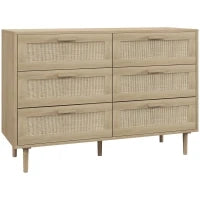 Cassettiera 6 Cassetti in Legno e Rattan Stile Boho per Soggiorno e Camera da Letto, 110x40x75 cm