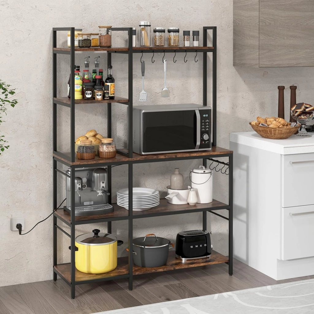GIANTEX Scaffale da cucina a 5 livelli, supporto a microonde con 2 prese, 10 ganci a S, telaio in metallo, gambe regolabili, dispositivo antiribaltamento, bar da caffè, scaffale per cucina