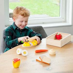 Cibi Cucina Tagliare Giocattolo Bambini in Legno con Vassoio Adesivo a Strappo