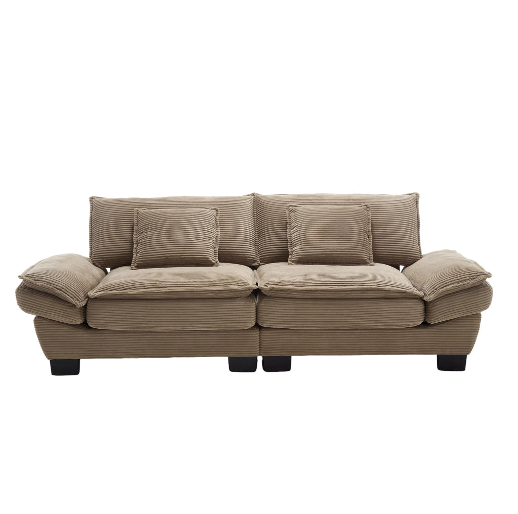 Divano 2 posti in corduroy khaki con braccioli e cuscini; 224x81x81 cm
