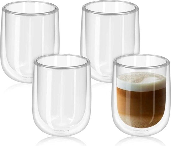 Set di bicchieri in vetro a doppia parete 450ml - Termoresistente per bevande calde e fredde - Set di 4 bicchieri a forma di cappuccino - Bicchieri per caffè in vetro di borosilicato.