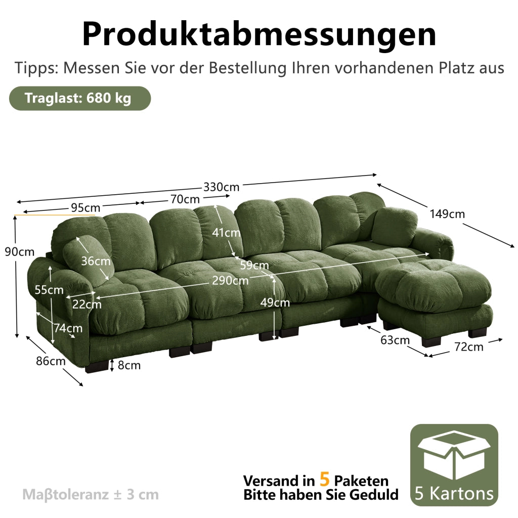 Divano angolare modulare in ciniglia con pouf mobile, cuciture trapuntate e schienale ergonomico verde per soggiorno