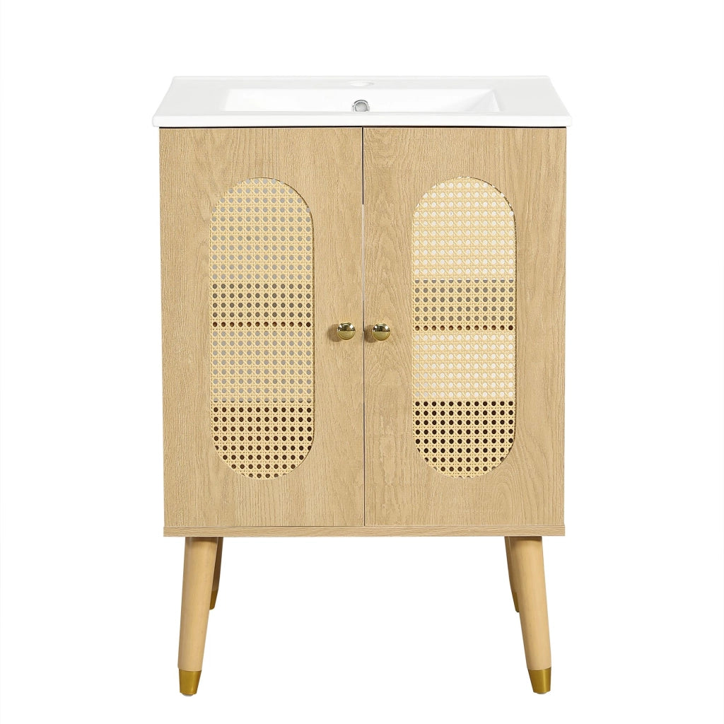 Mobile da bagno con lavabo in ceramica, ante in vimini traspiranti, ripiani portaoggetti, rubinetti non inclusi,colore del legno naturale e bianco