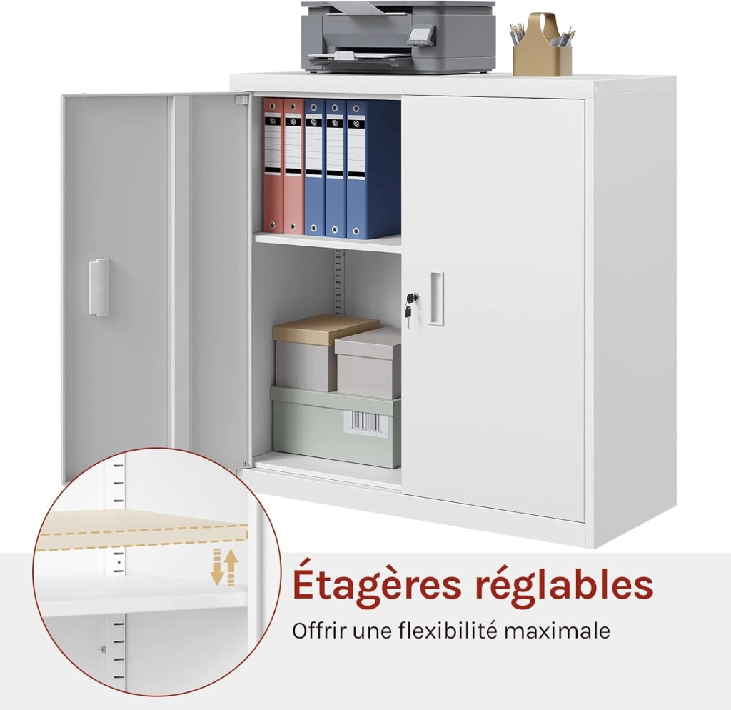 Armadio per Archiviazione con Serratura e Ripiano Regolabile in Altezza, Armadio Multiuso per Ufficio in Metallo, Bianco, L90xH92xP40 cm