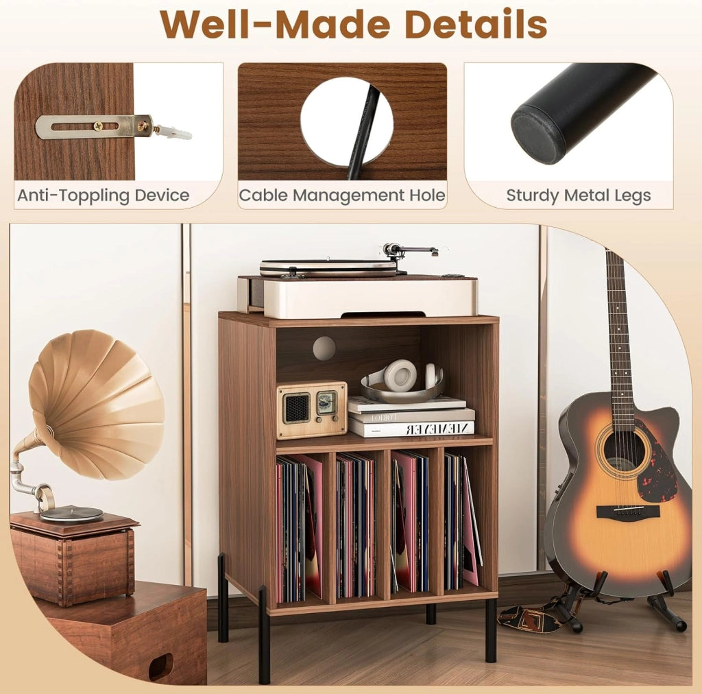 Tavolino da Letto Mobile Giradischi con Base di Ricarica, Comodino per 150 Album, 2 Porte USB, 1 Tipo C, 5 Scomparti, Gambe in Metallo, Supporto per Giradisco, 53 x 45 x 78 cm, Colore Noce