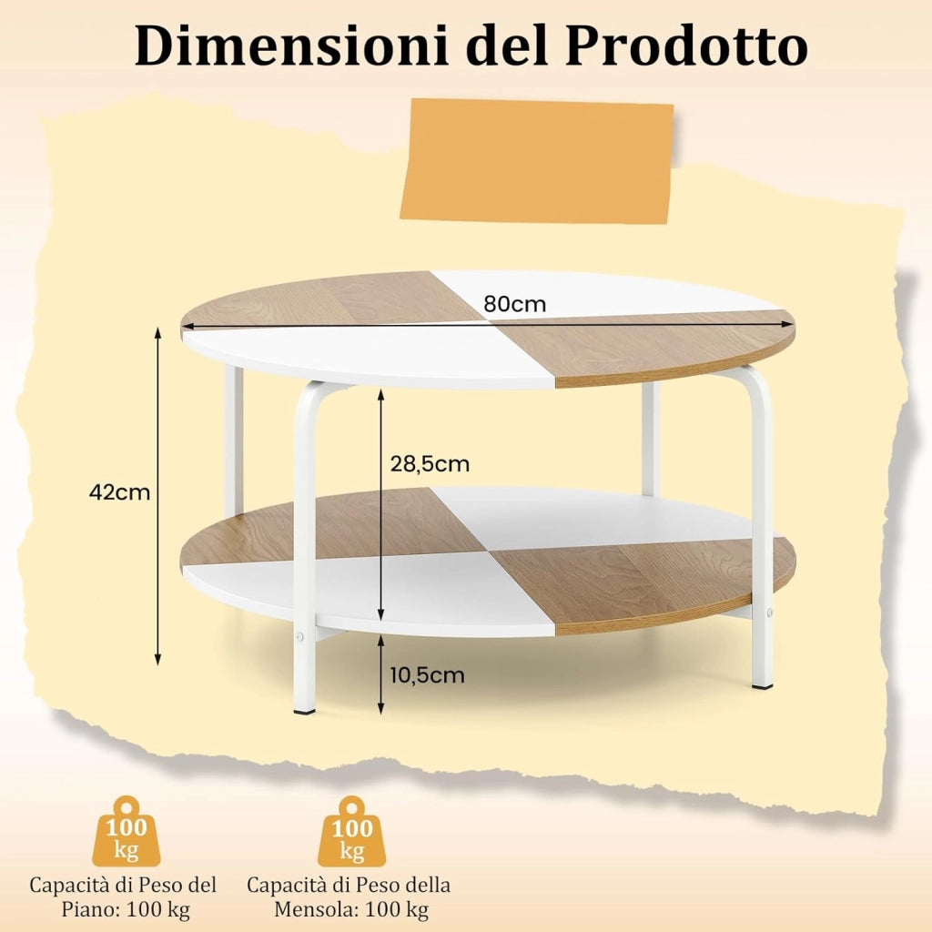 Tavolino da Salotto, Tavolino a 2 Livelli con Ripiano e Piedini Antiscivolo, Tavolo da Caffè Rotondo in Legno e Metallo, per Soggiorno, Studio e Ufficio, Portata 100 kg, 80 x 80 x 42 cm