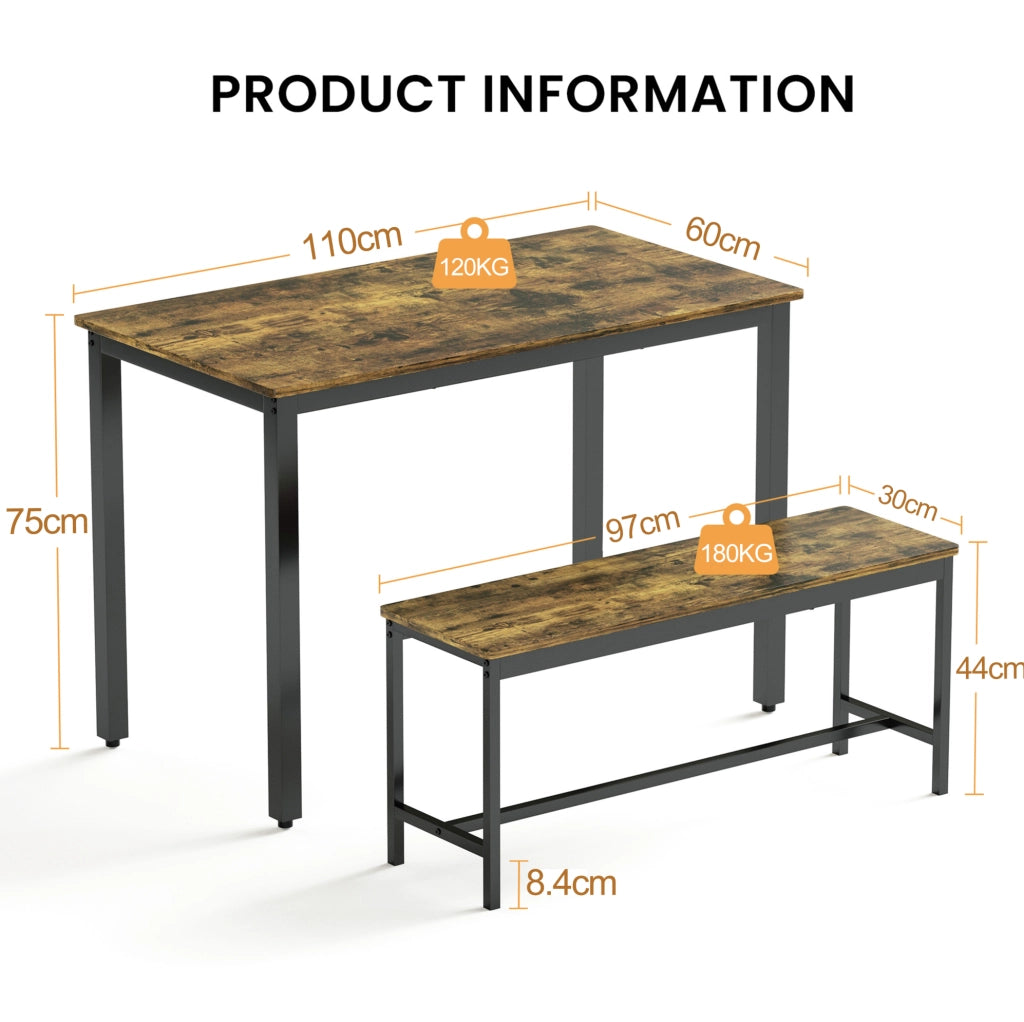 Set tavolo da pranzo ULEVR 110x60 cm con 2 panche per 4 persone, stile industriale marrone rustico e nero