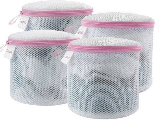Set di 4 sacchetti per bucato, reti per biancheria, bianchi, in poliestere, chiusura a righello, rettangolari, contenitore per la raccolta