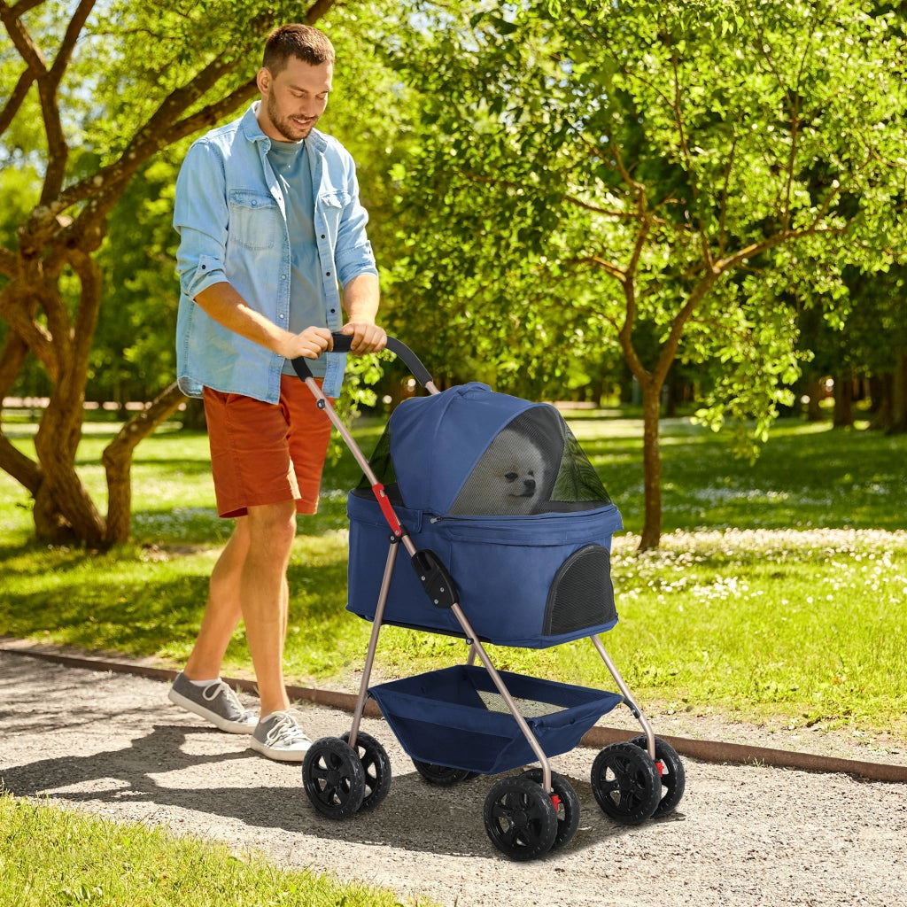 Passeggino per Cani 3 in 1 Pieghevole con Borsa Trasportino e Cestino Inferiore, Blu