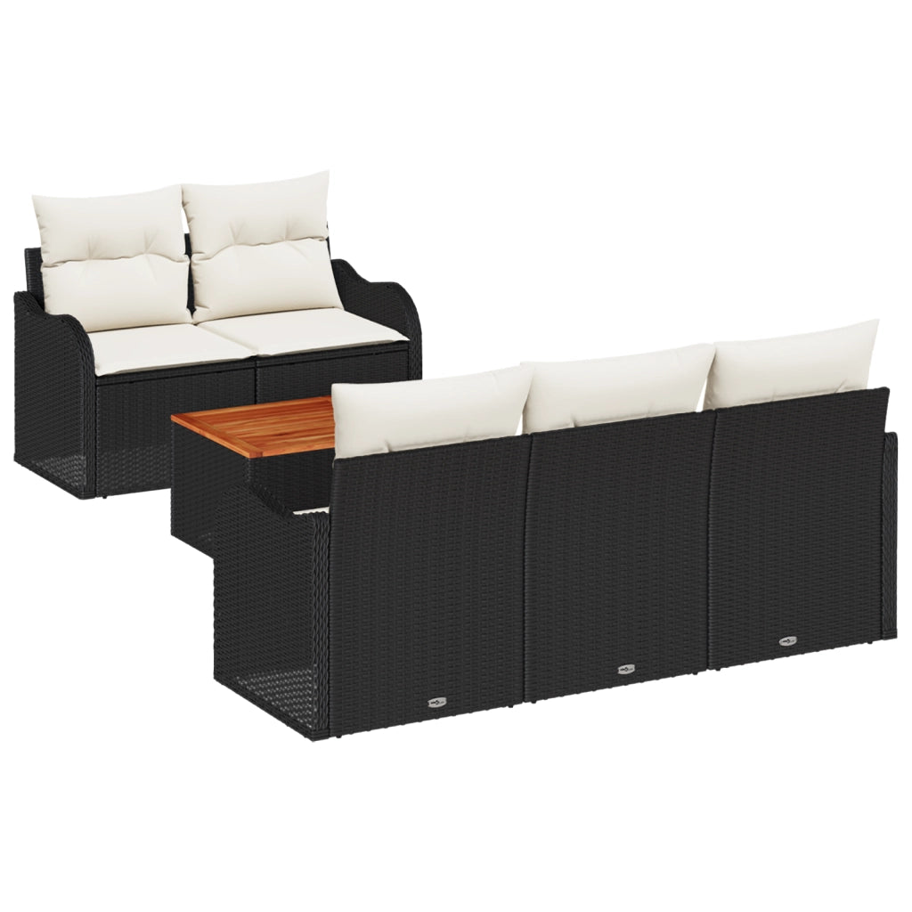 Set Divano da Giardino 6 Pezzi con Cuscini Nero Polyrattan Acacia