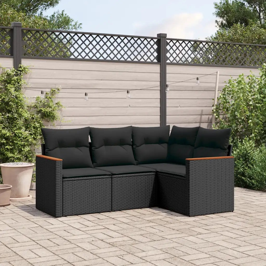 Set Divani da Giardino 4 pz | Set Salotto da Giardino con Cuscini Nero in Polyrattan