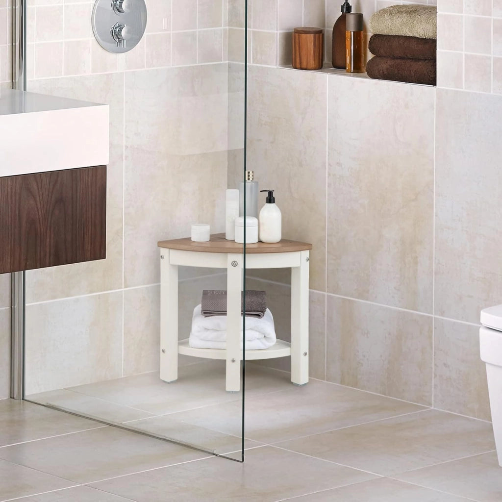 Sgabello Doccia, Sedia da Bagno Angolare in Polietilene con Ripiano, Sedile Multiuso a 2 Livelli per Uso Interno o Esterno, 32,5x32,5x43,5 cm, Capacità di Peso 150 kg (Marrone)