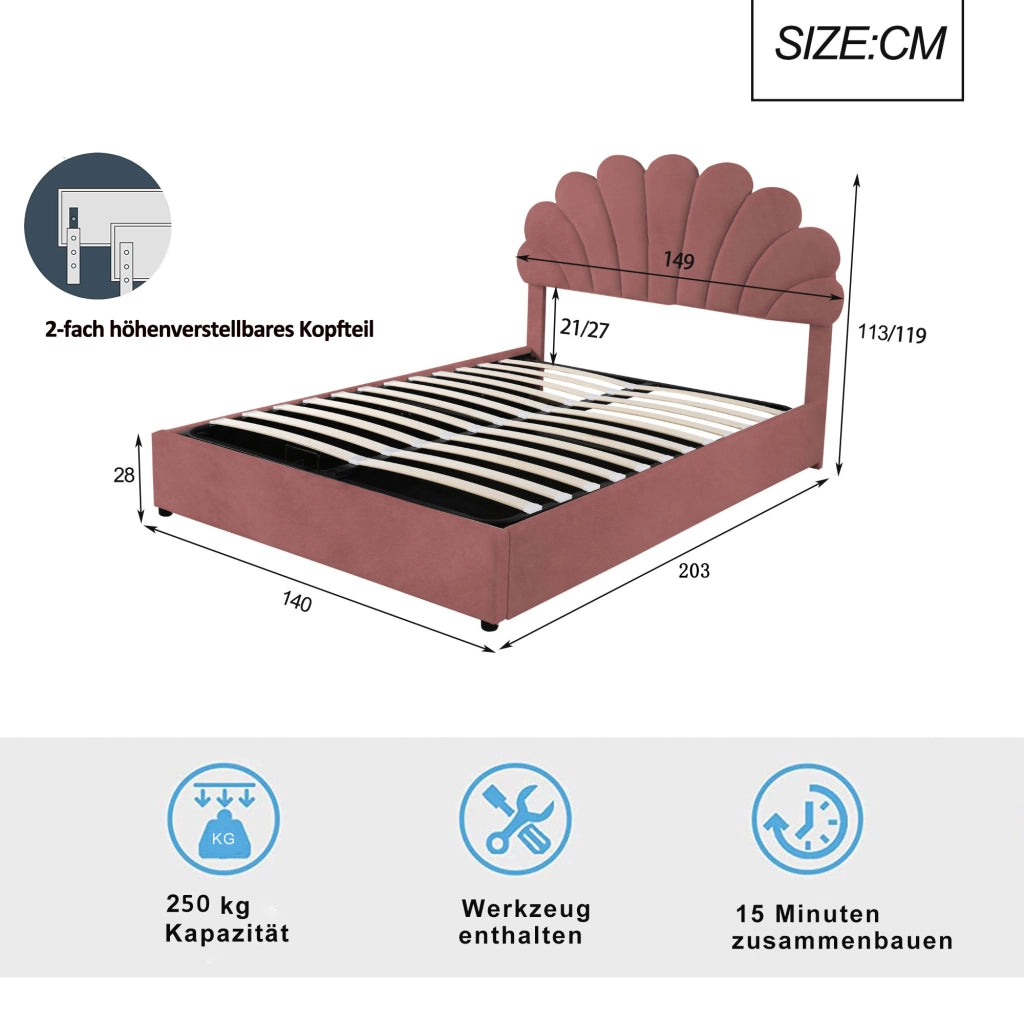 OKWISH Letto contenitore 140×200 cm, Letto Matrimoniale con Testiera Regolabile, Contenitore Idraulico e Rete, senza Materasso, Rosa