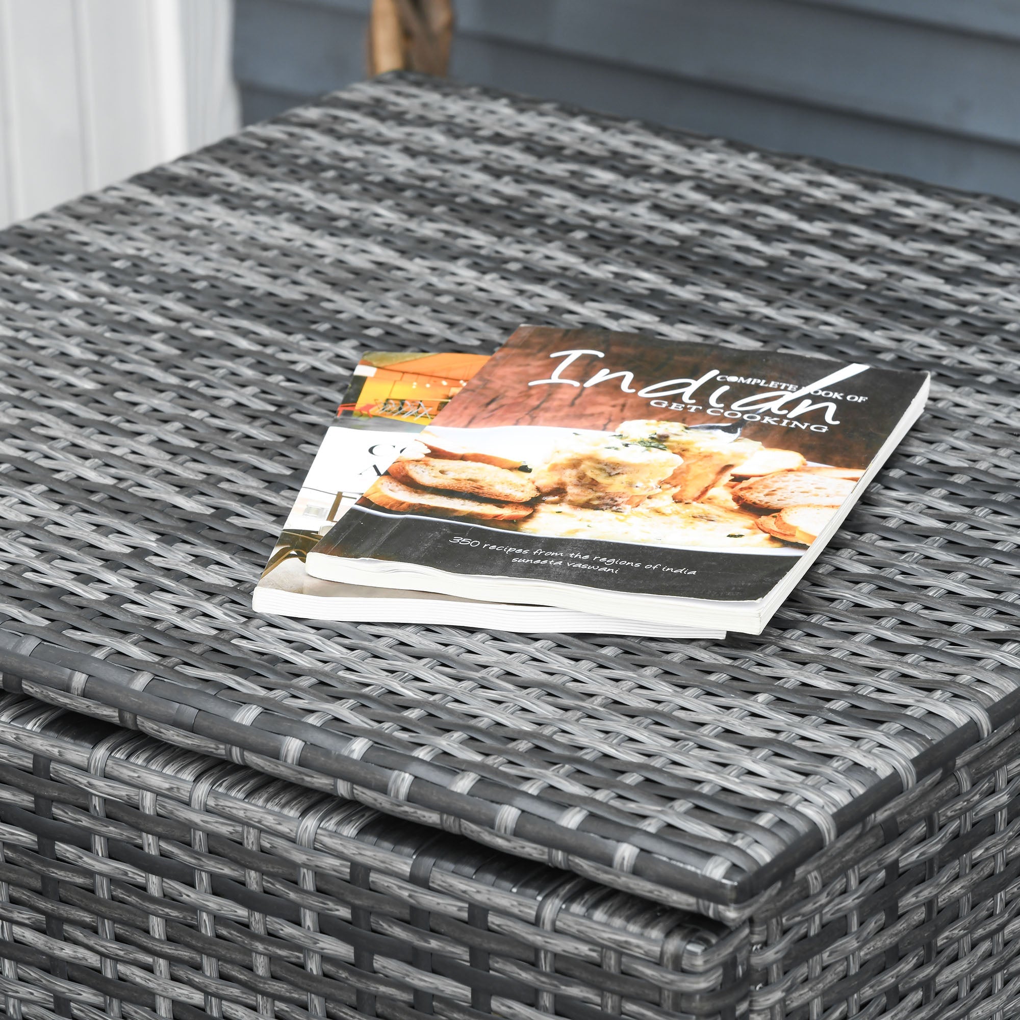 Set da Giardino 2 Divani 2 Posti Tavolino da Caffè e Tavolino Alto  in Acciaio e Rattan Grigio Sfumato