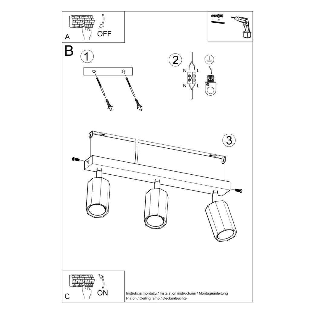 Lampada da soffitto scandinava a 3 luci in legno di quercia ZEKE GU10 LED IP20